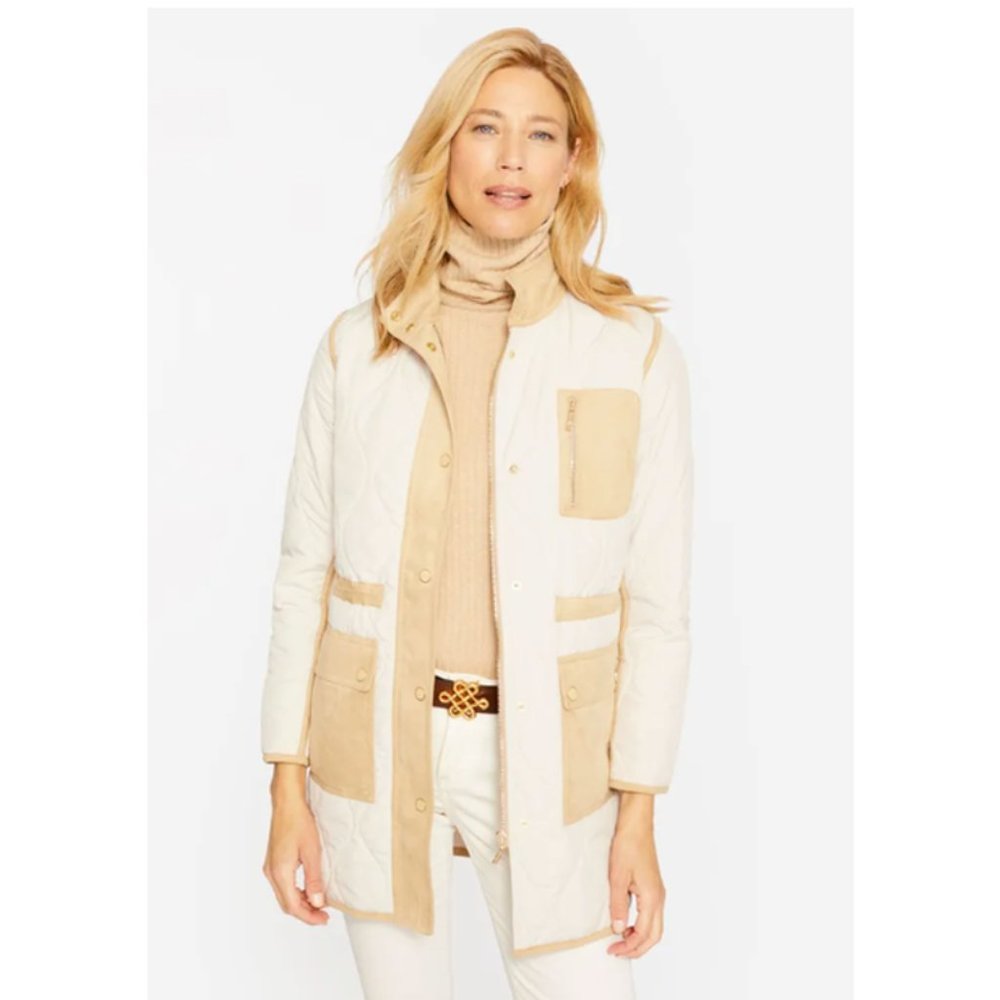 NWT $348 J McLaughlin Linda Coat Quilted Modern Barn Jacket Suede Stone Size XS